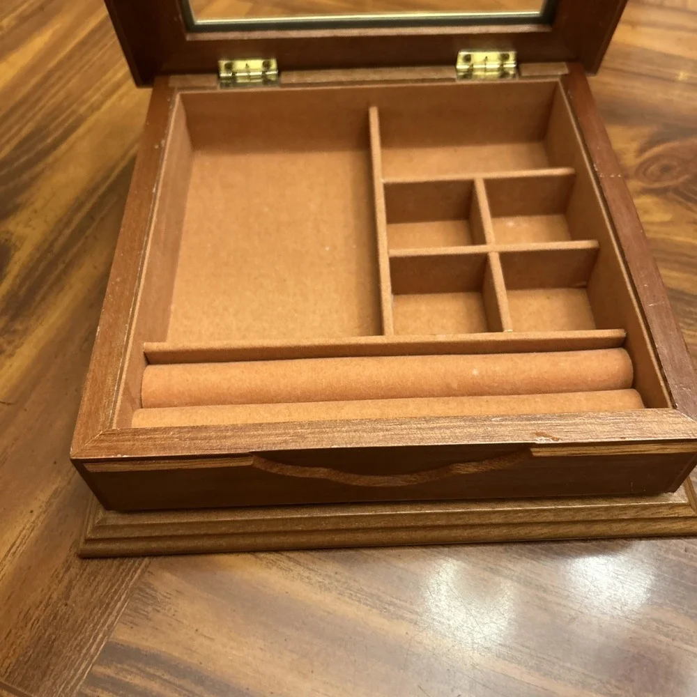 Etched Glass Square Light‎ Brown Wood Dresser Jewelry Box MELE Taiwan